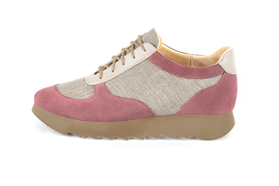 Dusty rose pink, natural beige and off white women's three-tone elegant sneakers. Round toe. Low rubber soles. Profile view - Florence KOOIJMAN